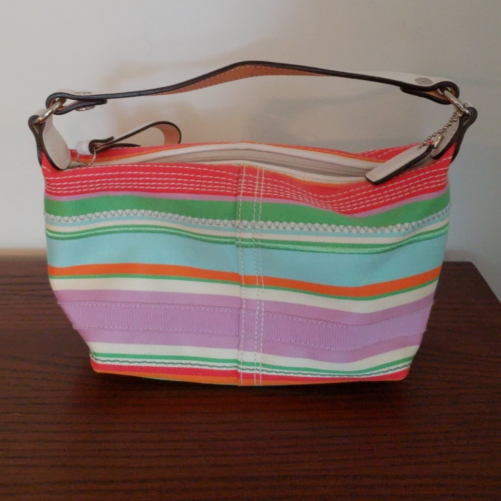 Small Coach Purse Striped Fabric and Leather Trim
